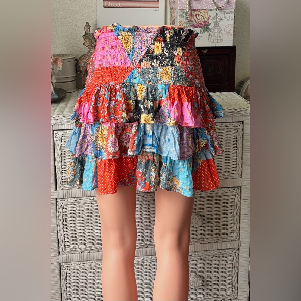 Spell & The Gypsy Collective Cha Cha Shirred Mini Skirt Multicolor Cotton Size M - Picture 5 of 9